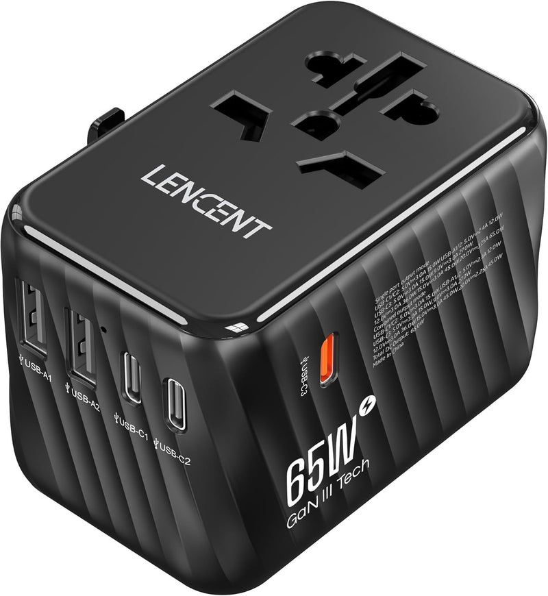 LENCENT Internationaler Reiseadapter, 65W GaN3 Universeller Adapter mit 2 USB A+3 Typ C PD, Weltweit