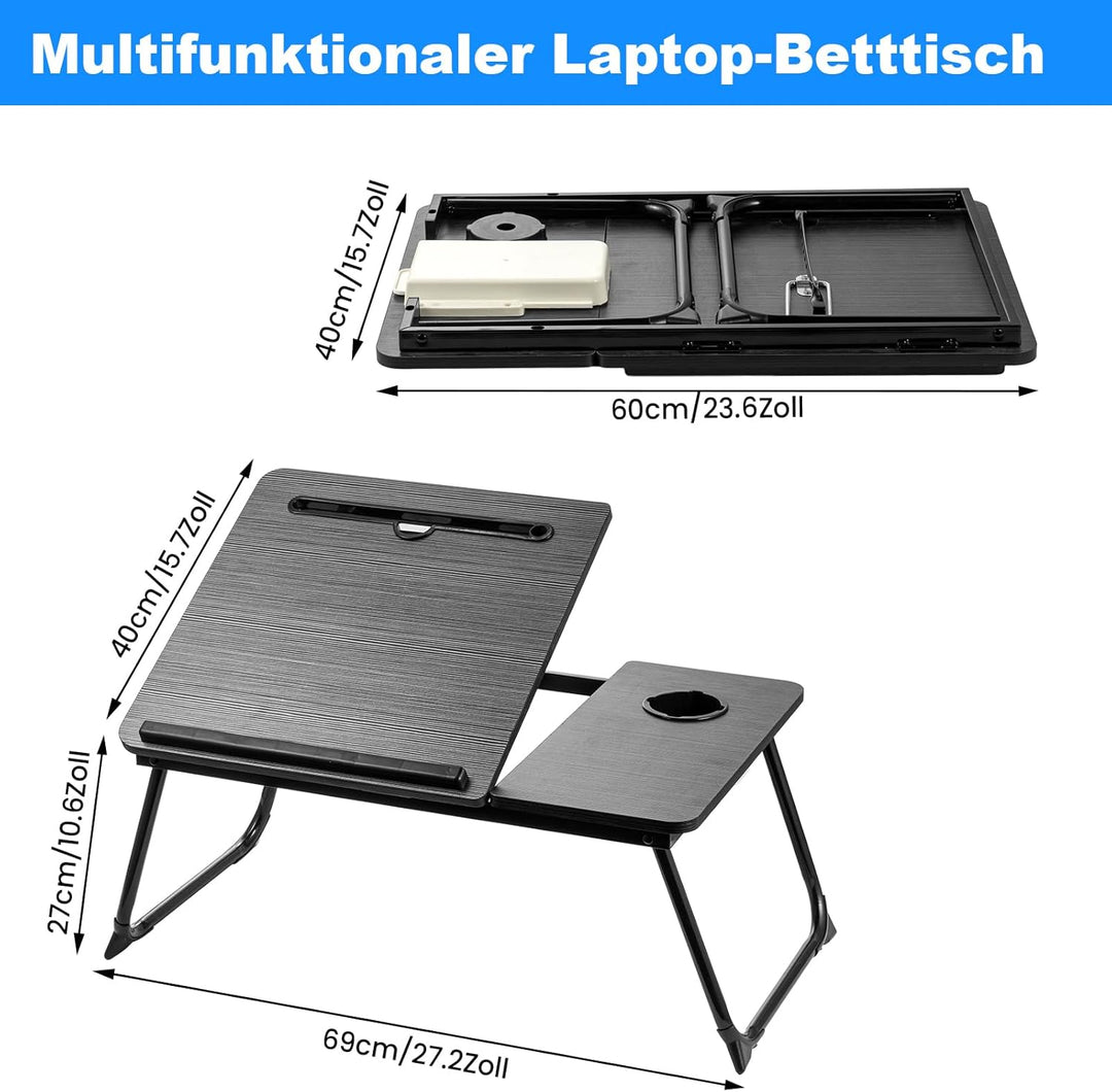 Faltbarer Laptoptisch, höhenverstellbarer Laptop-Tisch mit Getränkehalter & Lesepult, tragbarer Bett