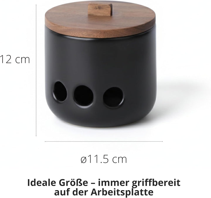 Knoblauchtopf Keramik CURVE - Belüftete Vorratsdose mit Deckel aus Akazienholz. Knoblauchbehälter fü