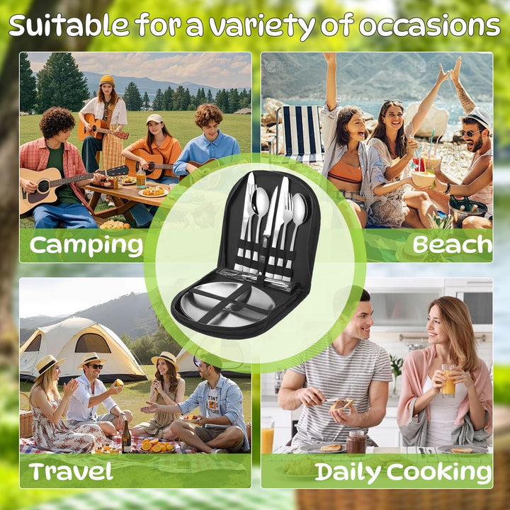Camping Geschirr Set, Camping Besteck Edelstahl Inklusive Bestecktasche Edelstahl-Gabeln, Messer und