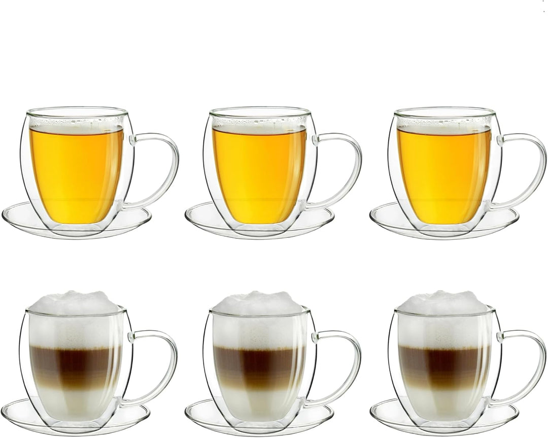Creano 6 doppelwandige 250 ml Glas-Thermotassen mit Untersetzer, Glas-Teetasse/Kaffeetasse mit Schwe