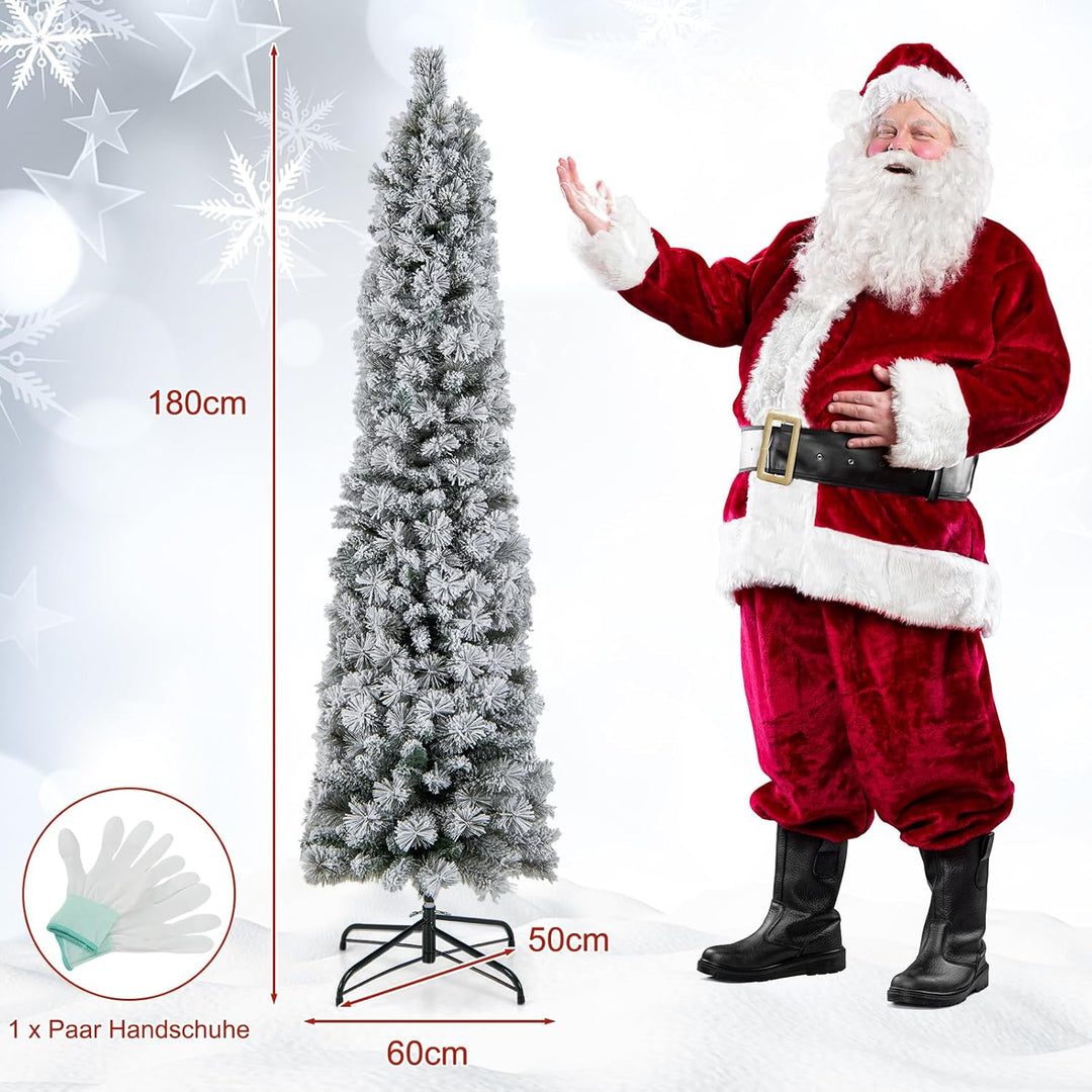 COSTWAY 180 cm Bleistift Weihnachtsbaum mit Schnee, Tannenbaum künstlich mit Beleuchtung, 150 LEDs i