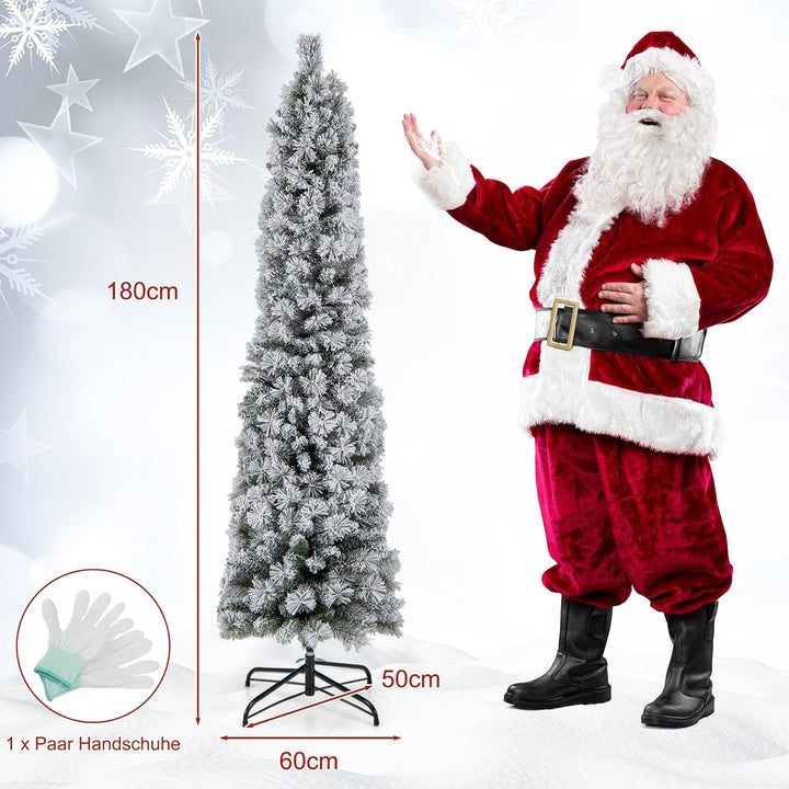 COSTWAY 180 cm Bleistift Weihnachtsbaum mit Schnee, Tannenbaum künstlich mit Beleuchtung, 150 LEDs i