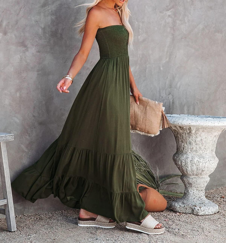 R.Vivimos Sommer Boho Trägerloses Bandeau Shirred Blumen Rüschen Tube A Linie Midikleid S Armeegrün