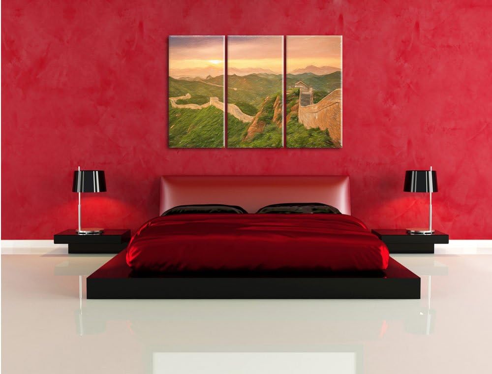 Pixxprint Chinesische Mauer / 3-Teilig/Gesamtmass 120cm Leinwandbild bespannt auf Holzrahmen/Wandbil