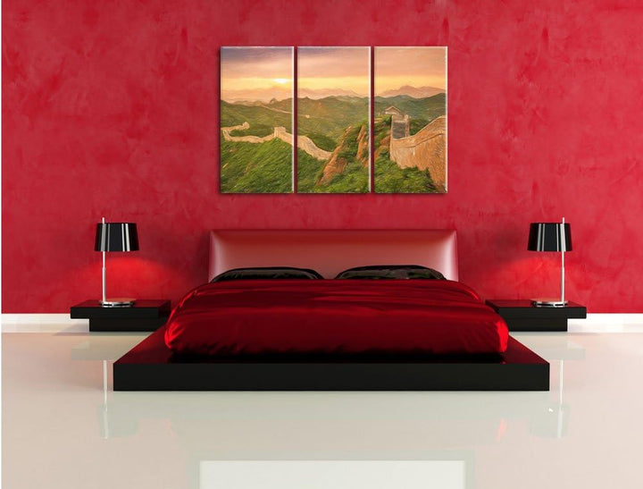 Pixxprint Chinesische Mauer / 3-Teilig/Gesamtmass 120cm Leinwandbild bespannt auf Holzrahmen/Wandbil