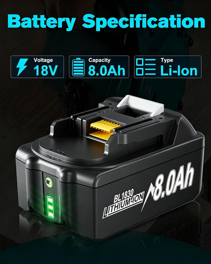 2 Stück 8.0Ah/8000mAh 18V BL1830 Akku mit Ladegerät Ersatzakku für makita Akku BL1830B BL1840 BL1850
