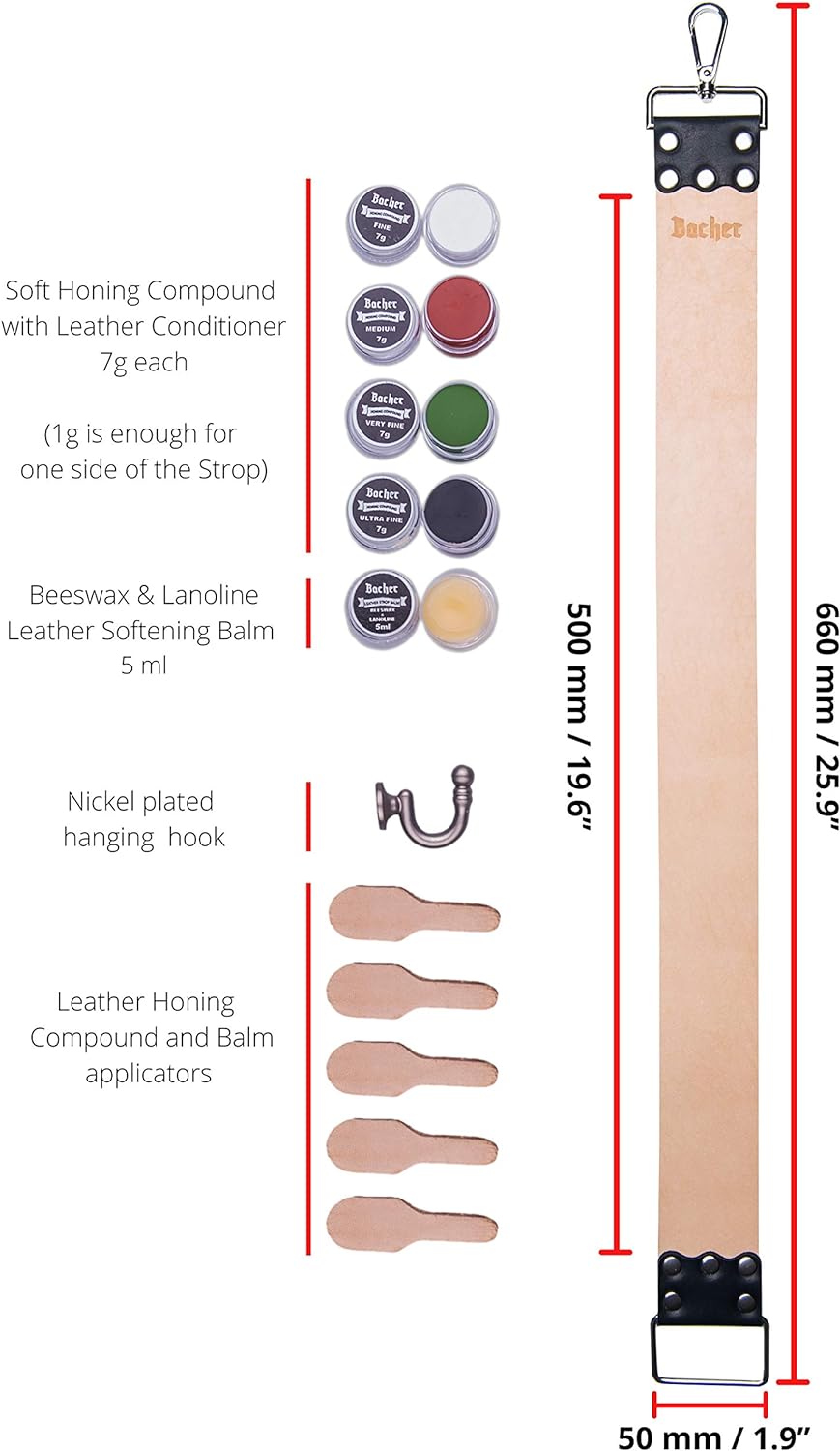 BACHER Premium Leder Streichriemen zum Schärfen von Rasiermesser Set mit Polierpaste für Abziehrieme