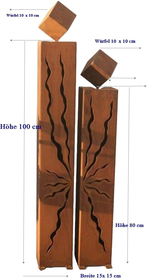 Rostsäulen Gartendeko mit Würfel Stele 100 + 80 cm