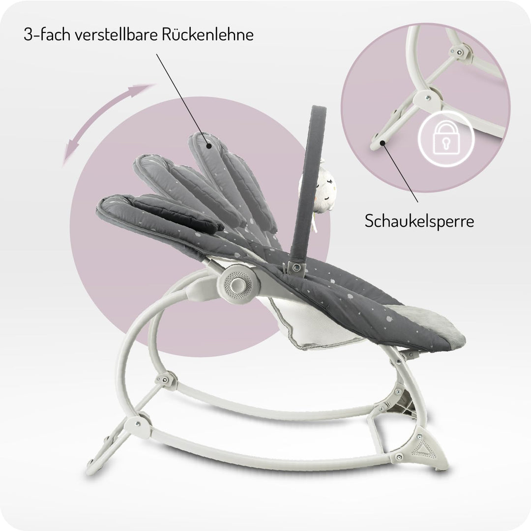 MoMi Babywippe LAPIS für Babys bis 12 kg, Batteriebetrieb, 3-Punkt-Sicherheitsgurt, Bügel und 2 Spie