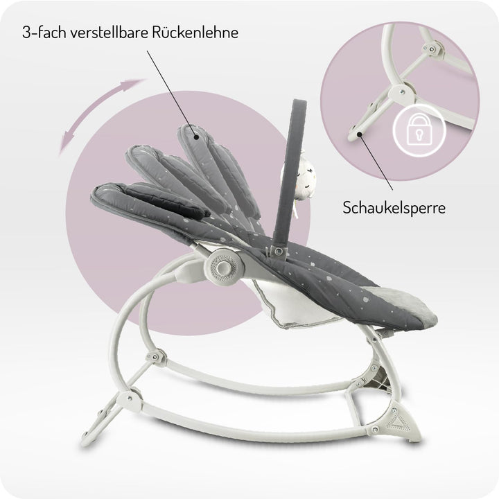 MoMi Babywippe LAPIS für Babys bis 12 kg, Batteriebetrieb, 3-Punkt-Sicherheitsgurt, Bügel und 2 Spie