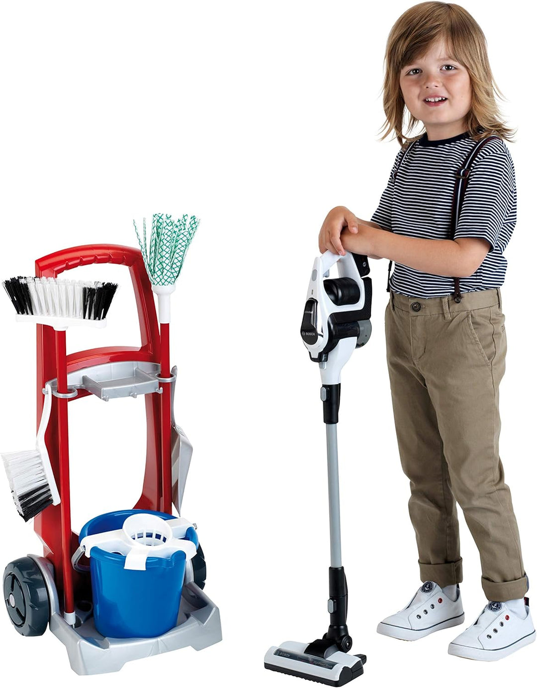 Klein Theo 6806 Putzwagen mit Staubsauger Bosch Unlimited | Robuster Besenwagen aus hochwertigem Kun