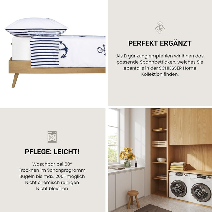 Schiesser Wende-Bettwäsche-Set Marina aus weicher Baumwolle in maritimem Look, Farbe:Weiss und Marin