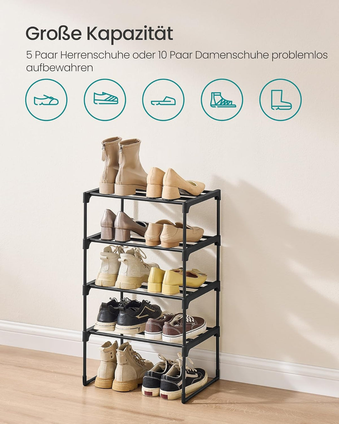 SONGMICS Schuhregal 4 Ebenen, Schuhständer Metall, Schuhaufbewahrung, Schuh-Organizer, aufrecht oder