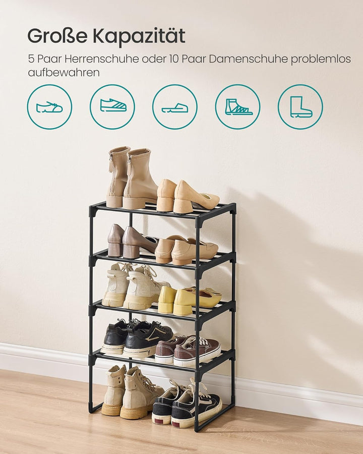 SONGMICS Schuhregal 4 Ebenen, Schuhständer Metall, Schuhaufbewahrung, Schuh-Organizer, aufrecht oder