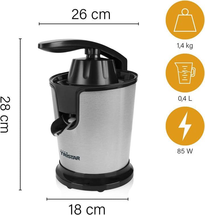 Tristar CP-3002 Zitruspresse – 2 Presskegel – Fruchtfleischfilter – Schwarz/Edelstahl 85 Watt, 85 Wa