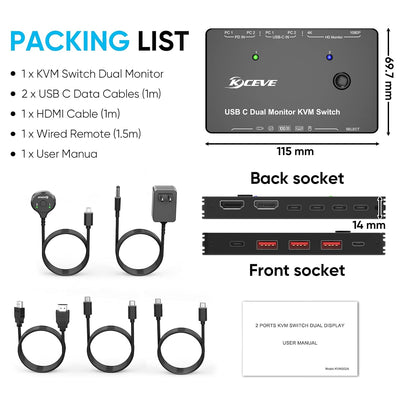 KVM Switch 2 Monitore 2 PC USB C, Dual Monitor USB Typc C KVM-Umschalter unterstützt 4K@60Hz für 2 C