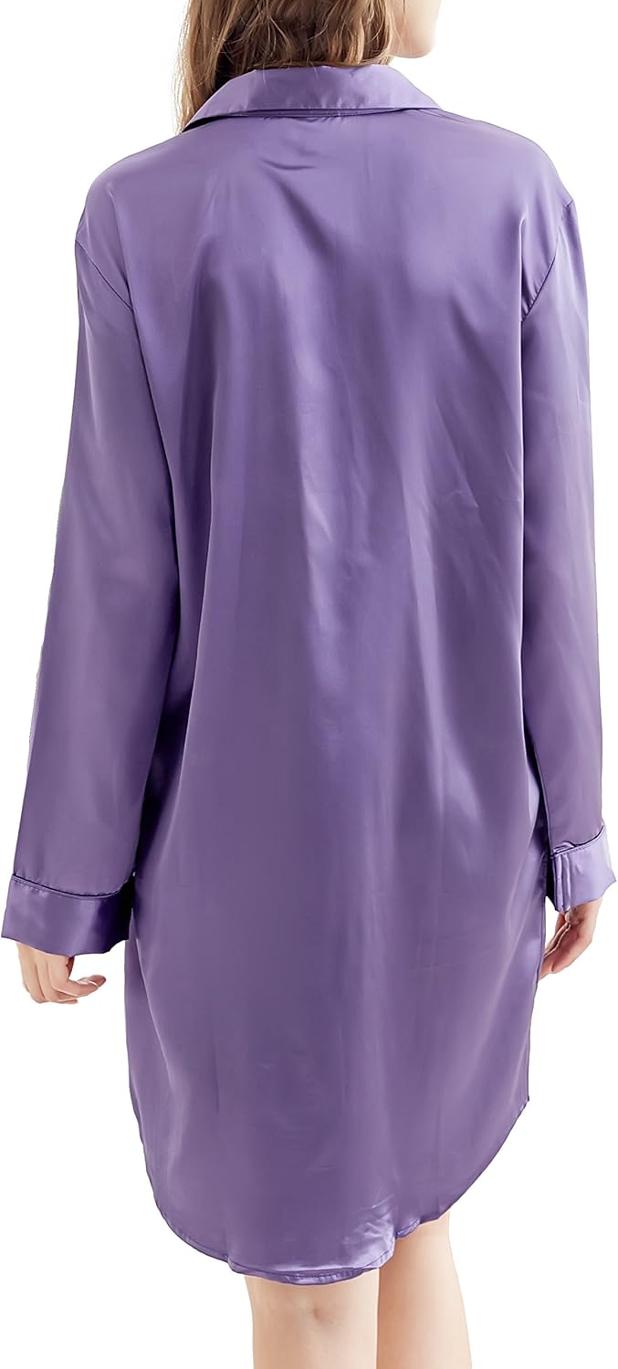 Nachthemd Damen, Satin Nachtkleid Langarm Nachtwäsche mit Knopfleiste Schlafhemd Freizeitkleidung Vi