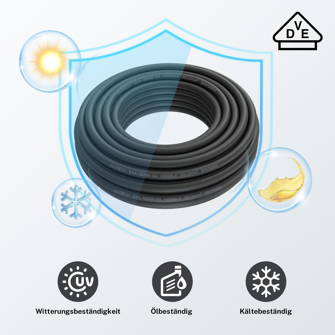 Firmerst Gummikabel 3x1mm² Stromkabel Aussenbereich 10 Meter, Wetterfest und Flexibel für Gartenbele