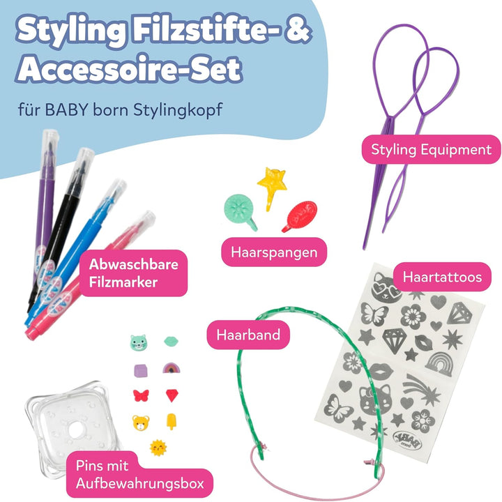 BABY born Styling Filzstifte-& Accessoire-Set - Abwaschbare Marker, Haarband, Pins & Haarspangen - H