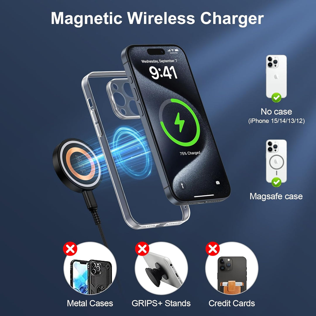 Magnetisches Wireless Charger, 15W Magsafe Kabelloses Ladegerät für iPhone 17/16/15/14/13/12, Indukt