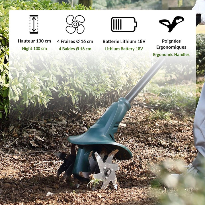 FISHTEC Kabellose Motorhacke mit Lithium Batterie 18V - Arbeitsbreite: 20 cm - Arbeitstiefe: 8 cm -