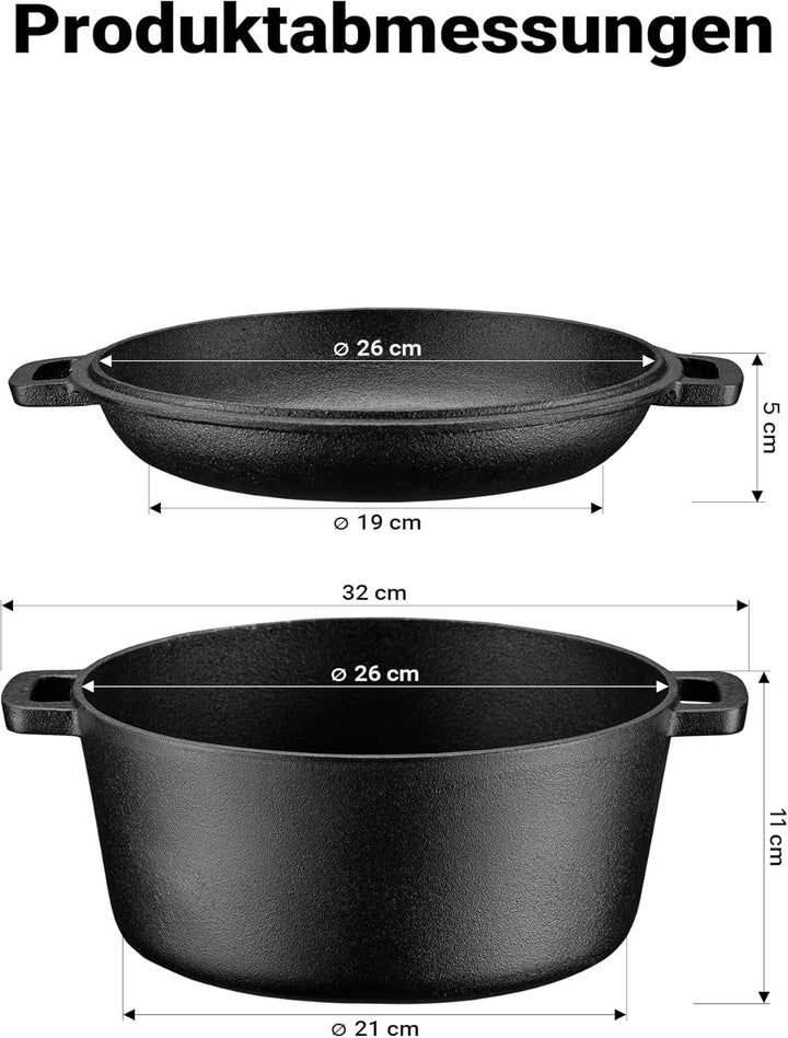 Wiltec 2in1 Dutch Oven 32 x 26 x 16 cm Grilltopf aus Gusseisen, Schmortopf plus Deckel, Feuertopf in