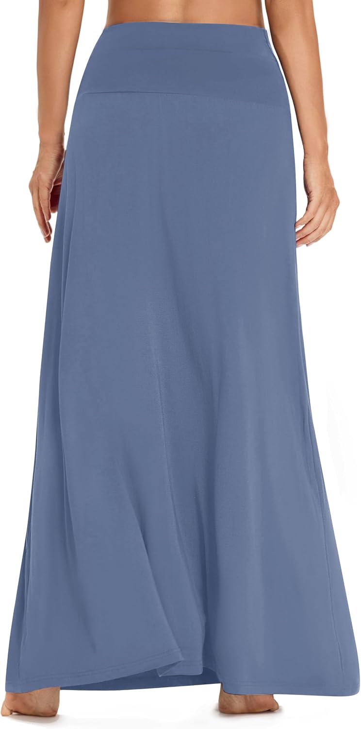 Damen Sommer Hohe Taille Boho Yoga Maxi Rock Elastisch Pull On Lang Röcke S Graublau, S Graublau