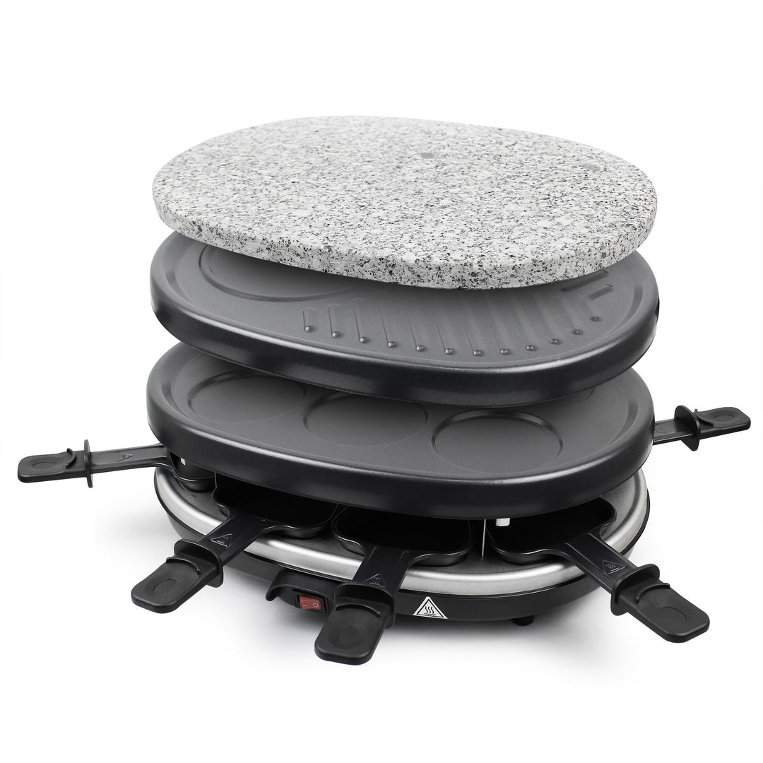 Todeco - 3 in 1 Raclette-Set, Grill mit Naturstein - Material: 304 Edelstahl - Strom: 900 W - Schwar