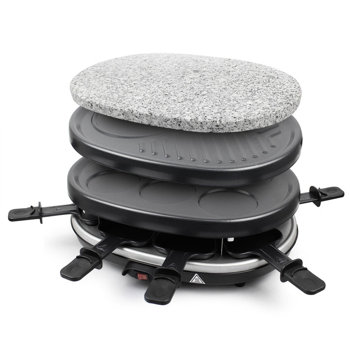 Todeco - 3 in 1 Raclette-Set, Grill mit Naturstein - Material: 304 Edelstahl - Strom: 900 W - Schwar
