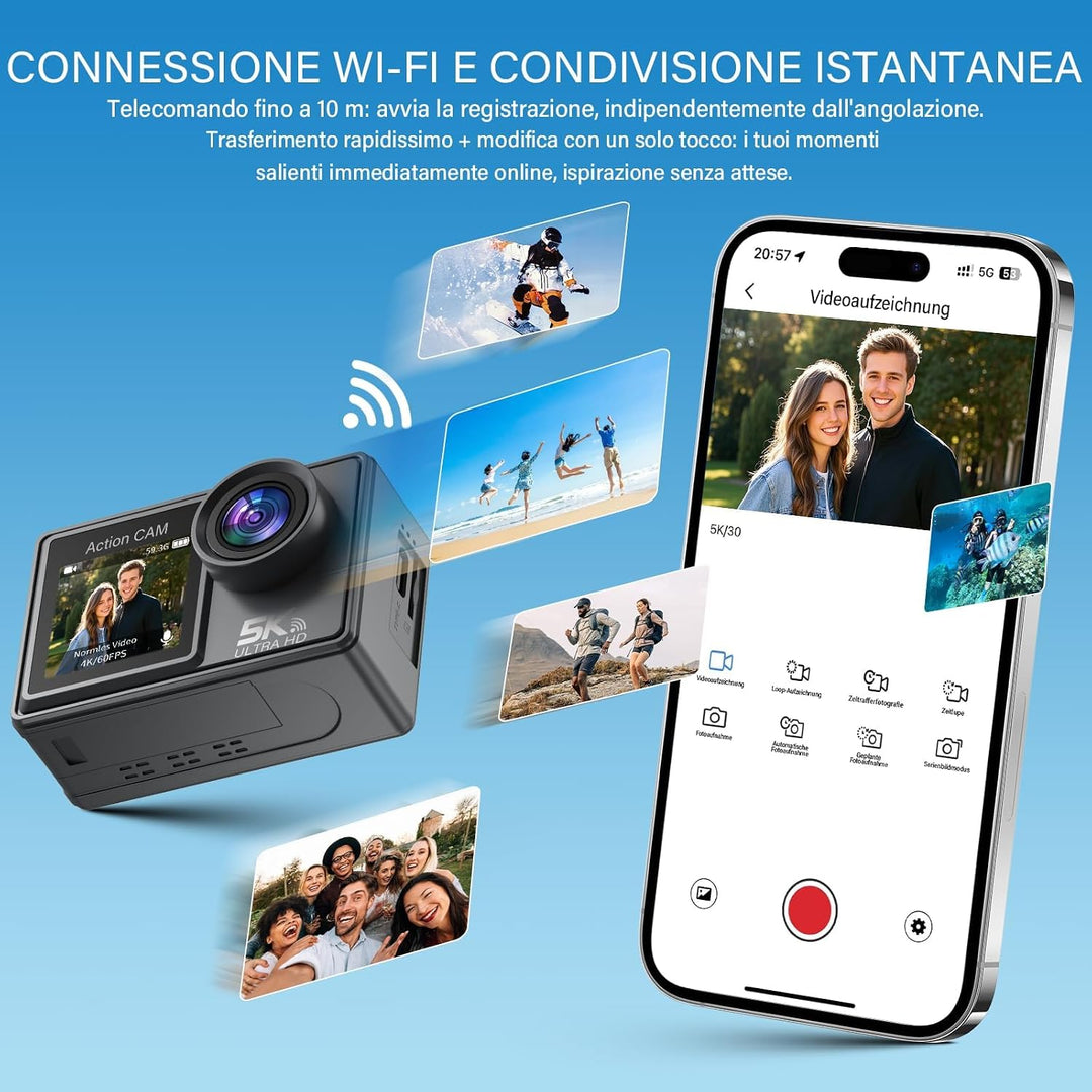 Action Cam 5K/4K 60FPS, 50MP Unterwasserkamera 30M wasserdichte Action Kamera mit 64GB SD Karte, EIS