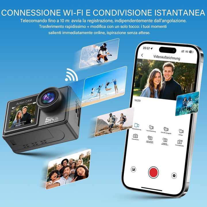 Action Cam 5K/4K 60FPS, 50MP Unterwasserkamera 30M wasserdichte Action Kamera mit 64GB SD Karte, EIS