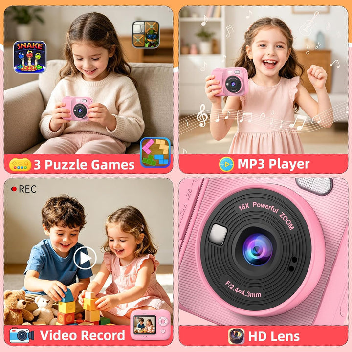 Kinder Sofortbildkamera, Digitalkamera mit Druck | 2,4 Zoll Display, 1080P HD Video, TF Karte &amp; 5 Ro