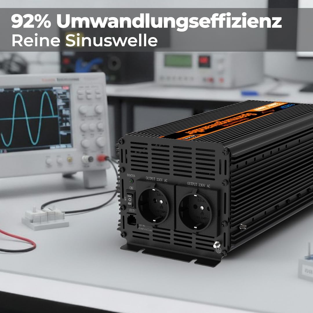EDECOA Wechselrichter 1500W Reiner Sinus – 12V auf 230V mit ECO-Modus, Bluetooth & App für Auto, Woh