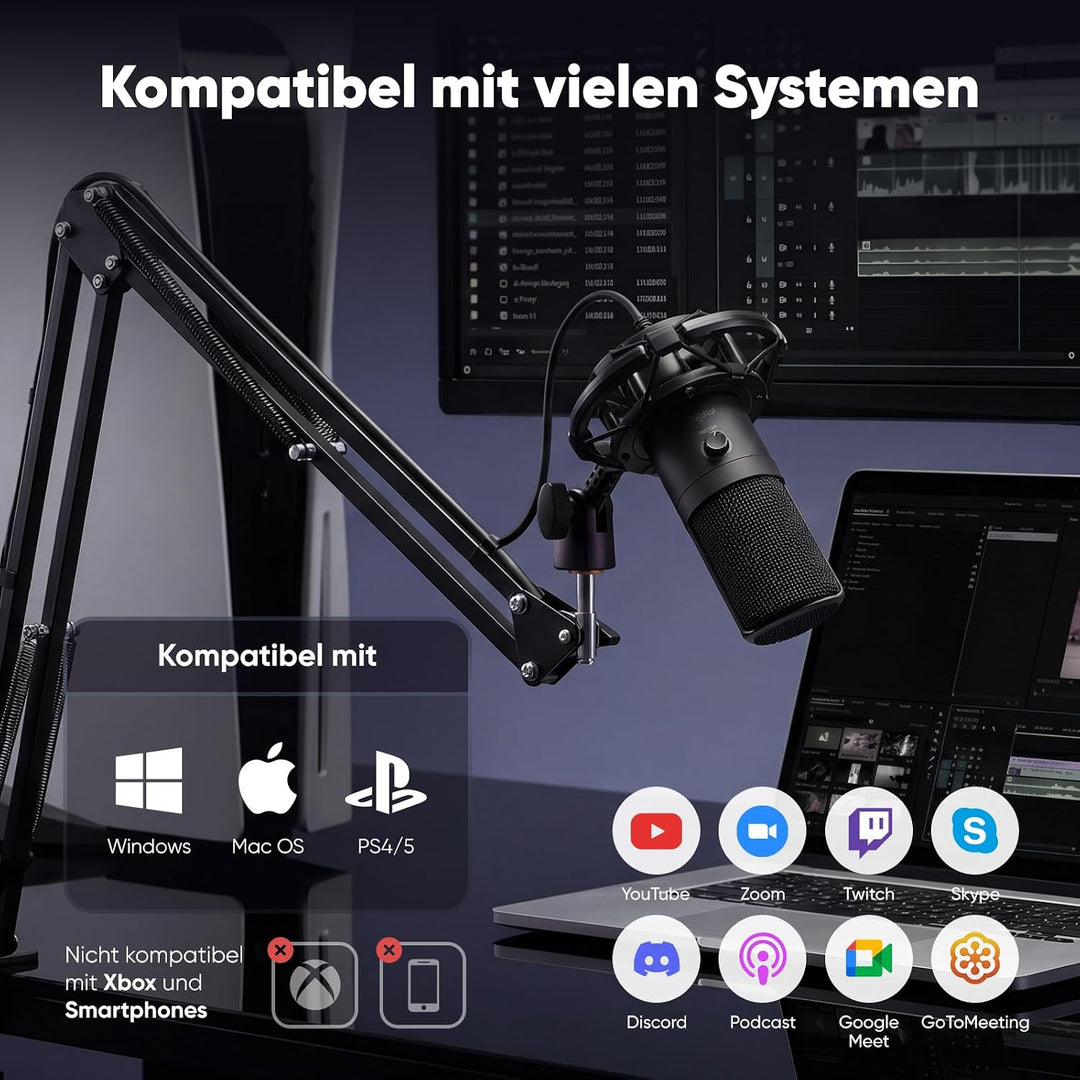 FIFINE Streaming Mikrofon PC mit Arm, USB Mikrofon PS4 PS5, Microphone für Gaming Podcast Studio, Po