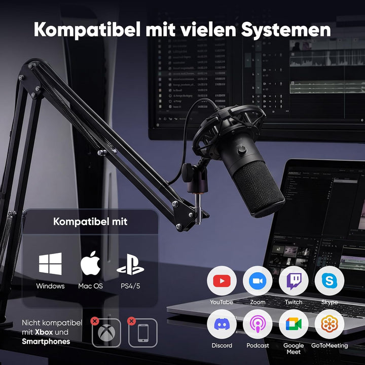 FIFINE Streaming Mikrofon PC mit Arm, USB Mikrofon PS4 PS5, Microphone für Gaming Podcast Studio, Po