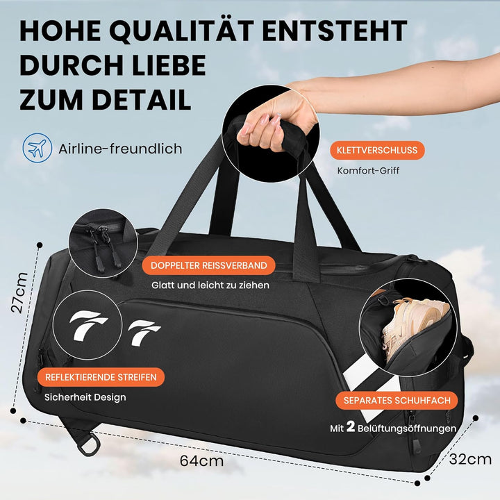 Sporttasche Herren, 58L Reisetasche Gross Sporttasche mit Schuhfach und Nassfach, Gross Trainingstas