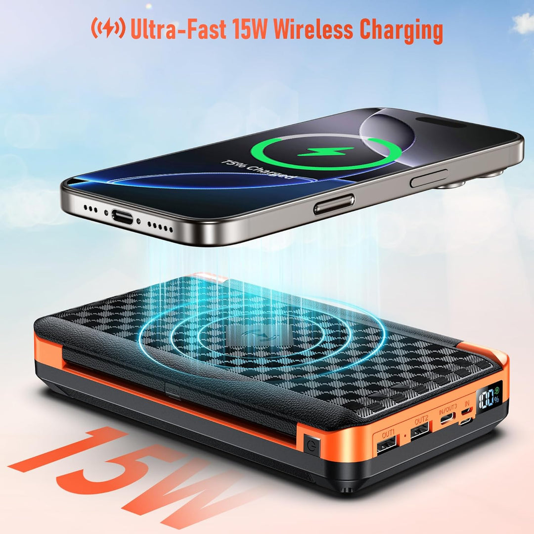 63200mAh Wireless Power Bank: Solar Powerbank mit 3 Solarpanel 22.5W USB C Schnellladung Outdoor Ext