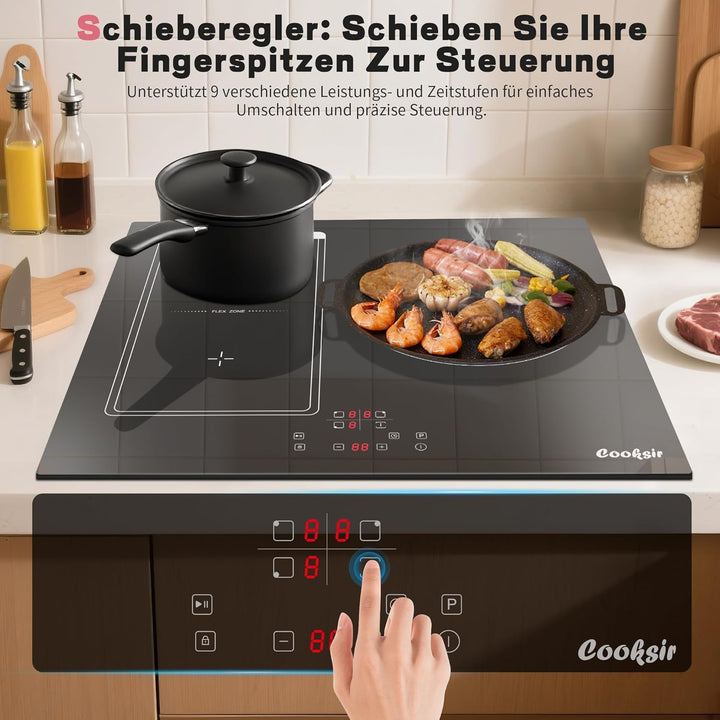 59cm Einbau Induktionskochfeld 3 Platten mit Rahmen, Cooksir Kochfeld Autark Flexzone, 6800W, FlexZo