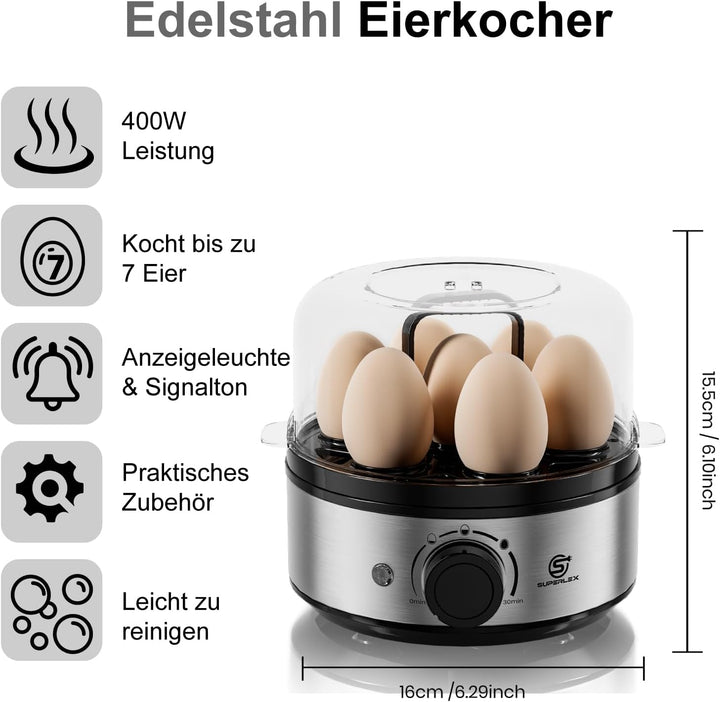 Eierkocher 7 Eier Elektrischer 400W Edelstahl Dampfgarer Für Weich Mittel Hart Garen Pochierte Eier