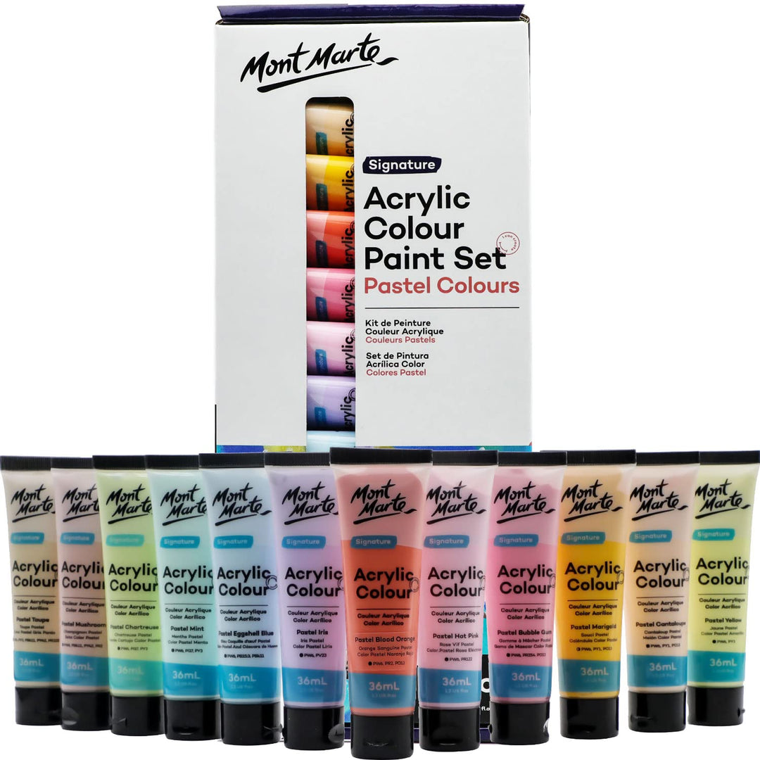 Mont Marte Acrylfarben Set Pastell – 12 x 36ml – Starke Deckkraft und Seidenmattes Finish – Pastellf