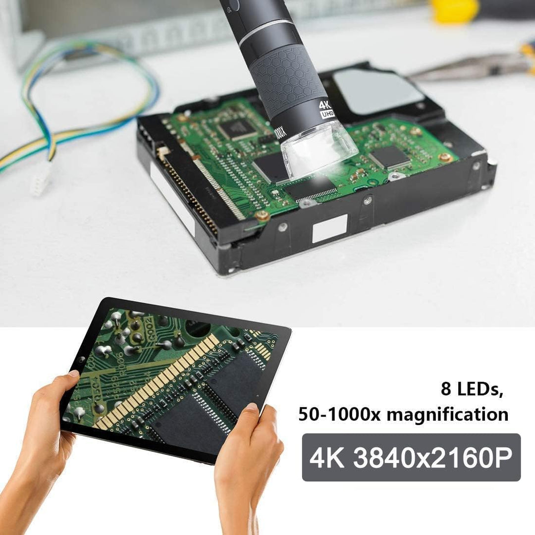 Jiusion WiFi USB Digitales Mikroskop, 50 bis 1000X Kabellose Vergrösserung Endoskop 4K 3840 x 2160P
