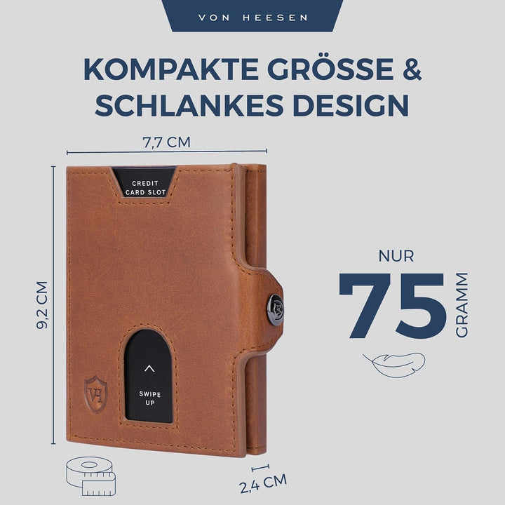 VON HEESEN Slim Wallet mit XXL Münzfach & RFID-Schutz - Leder Geldbeutel - Mini Geldbörse für Herren