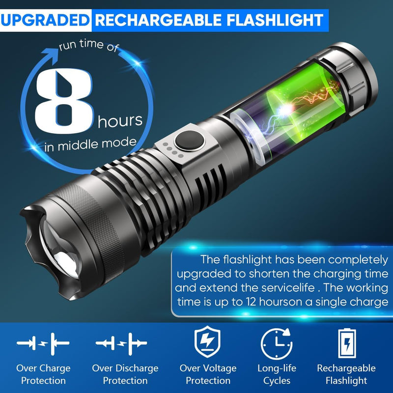 LED Taschenlampe Wiederaufladbare USB 2 Stück, Extrem Hell 90000 Lumens XHP70.2 Zoombar Wasserdicht