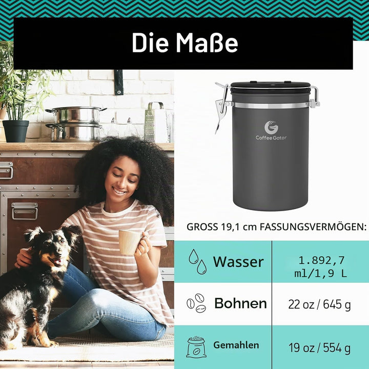 Coffee Gator Kaffeedose Luftdicht (Mittel 1,3 L) - Kaffeebohnen Behälter aus Edelstahl mit CO2-Venti