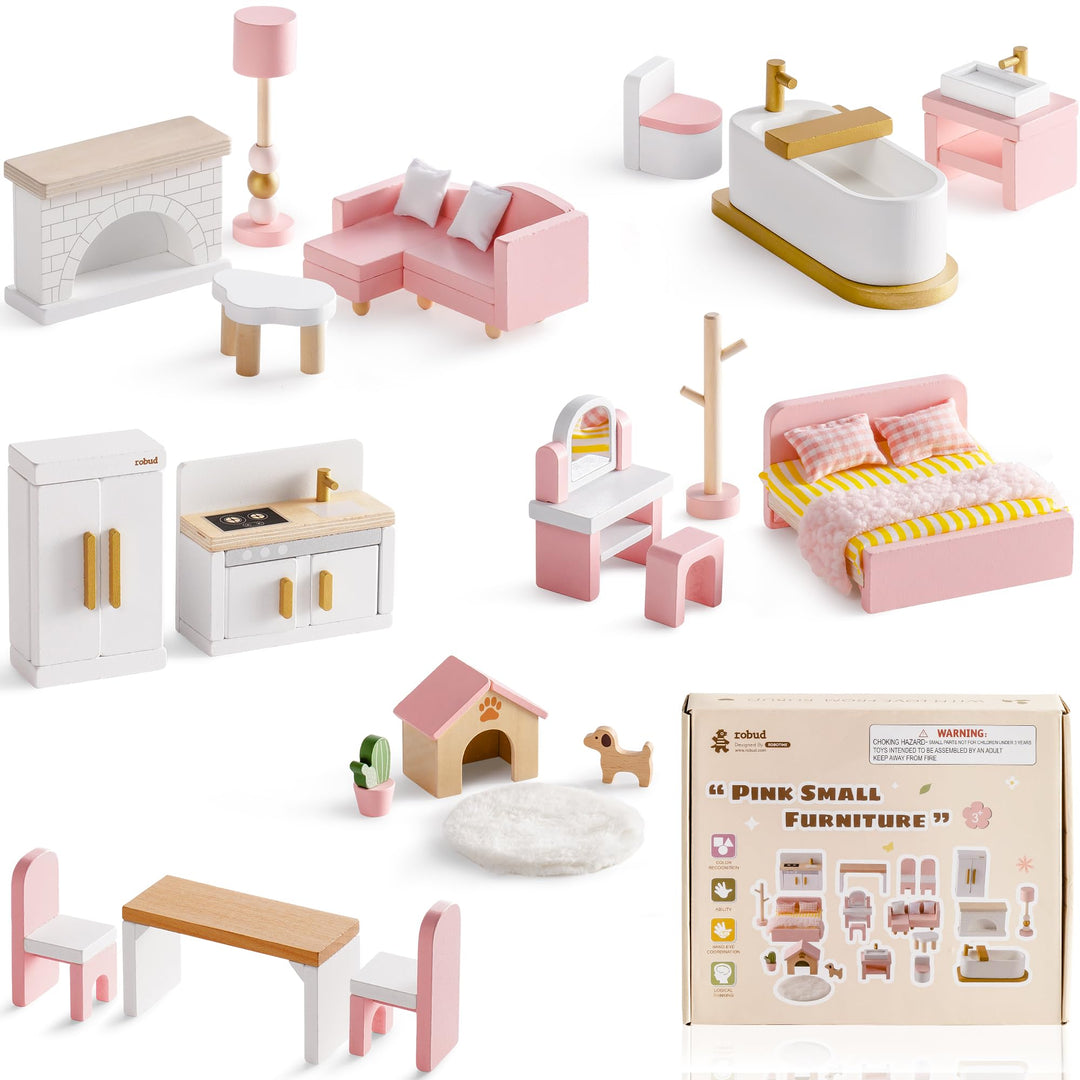ROBUD Holz Puppenhaus Möbel Set 28-TLG, Puppenmöbel Zubehör für Puppenhaus, Schlafzimmer Küche Wohnz