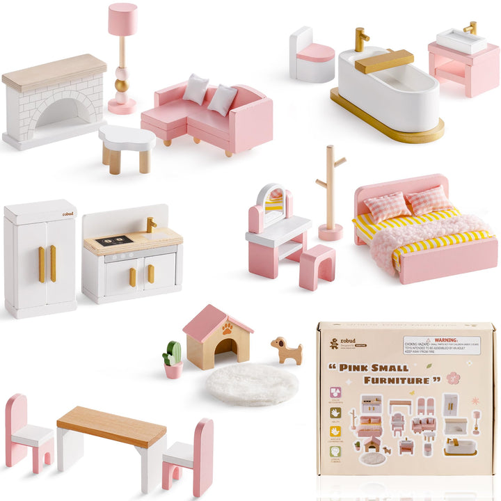 ROBUD Holz Puppenhaus Möbel Set 28-TLG, Puppenmöbel Zubehör für Puppenhaus, Schlafzimmer Küche Wohnz