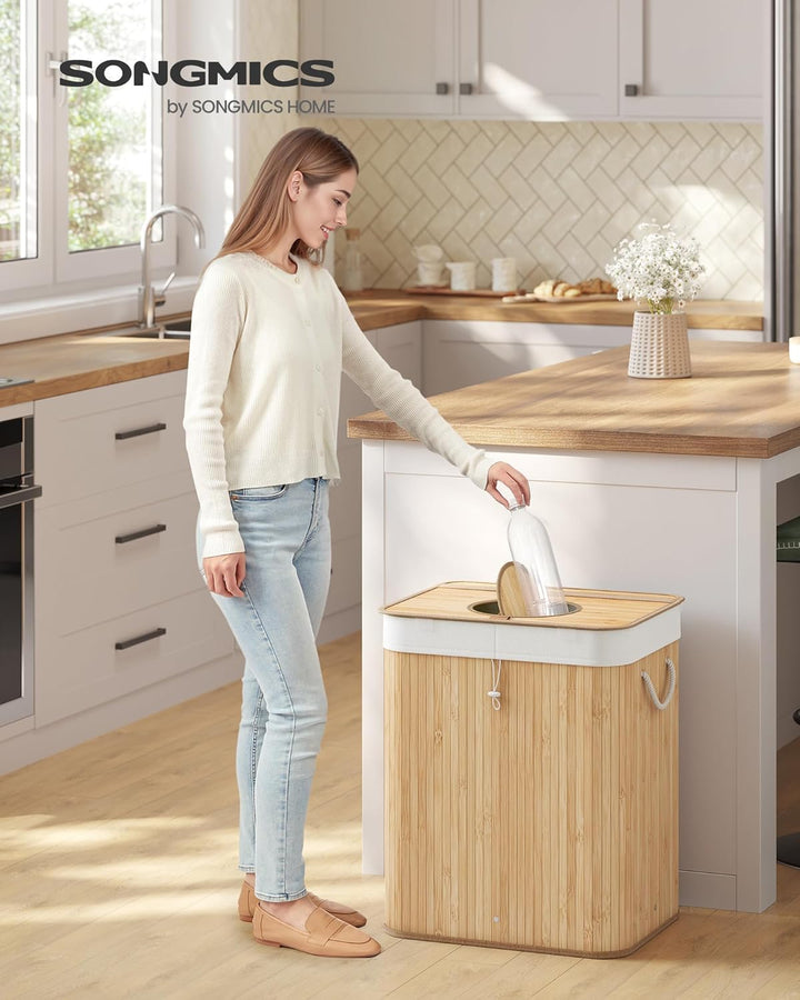 SONGMICS Pfandflaschen-Sammelbehälter, 95 L Pfandflaschen-Behälter, Bambus, Flaschensammler Leergut,