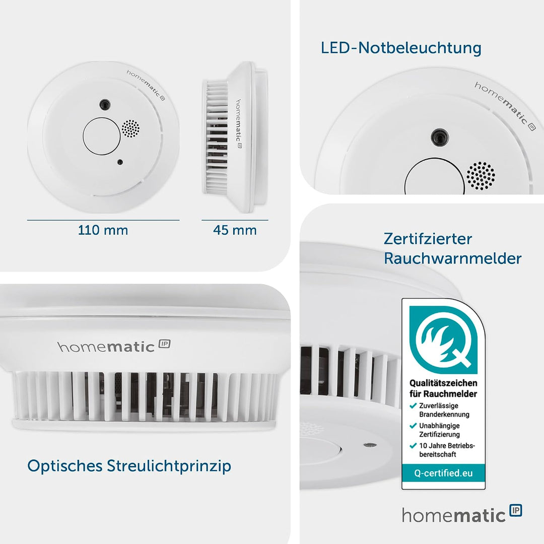Homematic IP Smart Home Starter Set Rauchwarnmelder, Rauchmelder alarmiert lokal über die Sirene und