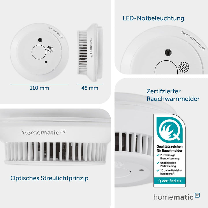 Homematic IP Smart Home Starter Set Rauchwarnmelder, Rauchmelder alarmiert lokal über die Sirene und
